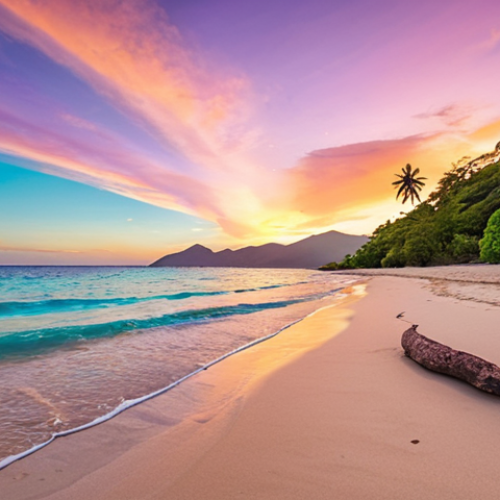 Home 19 A serene and captivating sunrise on Dili beach, Timor-Leste. Golden light bathes the calm, crystal-clear turquoise waters, reflecting a vibrant sky painted with soft hues of pink, orange, and purple. The pristine, untouched sandy shoreline stretches peacefully, evoking a profound sense of tranquility and natural beauty, with no crowds in sight.