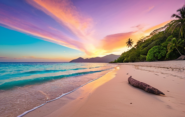 A serene and captivating sunrise on Dili beach, Timor-Leste. Golden light bathes the calm, crystal-clear turquoise waters, reflecting a vibrant sky painted with soft hues of pink, orange, and purple. The pristine, untouched sandy shoreline stretches peacefully, evoking a profound sense of tranquility and natural beauty, with no crowds in sight.