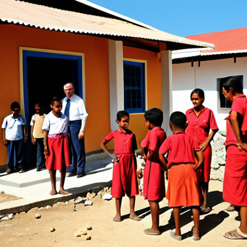 Home 18 Building Foundations of Trust**
A vibrant, sunlit scene depicting American aid workers and Timorese citizens, including children and adults, collaboratively engaged in a development project. The focus is on rebuilding and strengthening, such as constructing a school, a community health clinic, or conducting a training session for local officials, symbolizing the initial steps of development aid and democratic institution-building. Emphasize a sense of shared purpose, mutual respect, and hope for the future. Realistic, warm tones.
2. **Prompt for