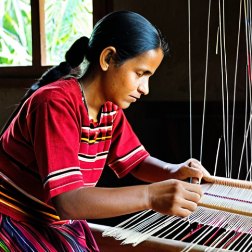 Home 17 A Timorese woman, fully clothed in modest, traditional attire, is focused on hand-weaving a vibrant tais on a traditional wooden loom. The tais features intricate geometric patterns and symbolic motifs in rich, earthy colors like deep reds, natural browns, and bright yellows. The setting is a cozy, well-lit corner of a traditional Timorese home, with skeins of colorful thread visible in the background. The atmosphere is calm and dedicated, showcasing the cultural significance of the craft. Perfect anatomy, correct proportions, natural pose, well-formed hands, proper finger count, natural body proportions, professional photography, high quality, safe for work, appropriate content, family-friendly.