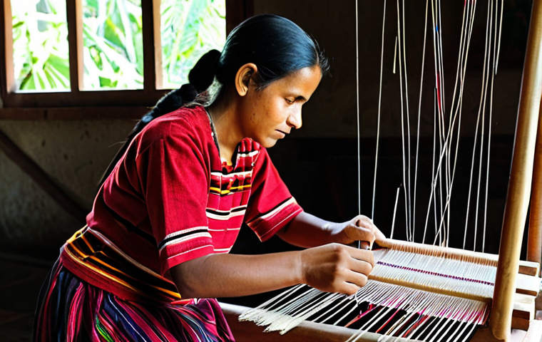 A Timorese woman, fully clothed in modest, traditional attire, is focused on hand-weaving a vibrant tais on a traditional wooden loom. The tais features intricate geometric patterns and symbolic motifs in rich, earthy colors like deep reds, natural browns, and bright yellows. The setting is a cozy, well-lit corner of a traditional Timorese home, with skeins of colorful thread visible in the background. The atmosphere is calm and dedicated, showcasing the cultural significance of the craft. Perfect anatomy, correct proportions, natural pose, well-formed hands, proper finger count, natural body proportions, professional photography, high quality, safe for work, appropriate content, family-friendly.