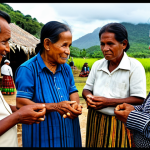 A group of wise Timorese elders and family representatives are respectfully engaged in a traditional "Barlake" negotiation. They are fully clothed in modest, vibrant traditional Timorese attire, including intricately woven "tais" fabrics. The setting is a communal open-air village space, with a traditional ancestral home ("Fatu-Ohin") in the background, subtly adorned with cultural elements. Symbolic traditional goods, like elaborately woven textiles and baskets, are present. The atmosphere is solemn and culturally significant, captured with professional photography, high quality, realistic, perfect anatomy, correct proportions, natural pose, well-formed hands, proper finger count, natural body proportions, safe for work, appropriate content, fully clothed, modest, family-friendly.