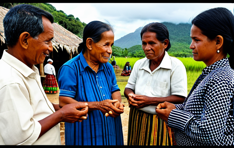 A group of wise Timorese elders and family representatives are respectfully engaged in a traditional "Barlake" negotiation. They are fully clothed in modest, vibrant traditional Timorese attire, including intricately woven "tais" fabrics. The setting is a communal open-air village space, with a traditional ancestral home ("Fatu-Ohin") in the background, subtly adorned with cultural elements. Symbolic traditional goods, like elaborately woven textiles and baskets, are present. The atmosphere is solemn and culturally significant, captured with professional photography, high quality, realistic, perfect anatomy, correct proportions, natural pose, well-formed hands, proper finger count, natural body proportions, safe for work, appropriate content, fully clothed, modest, family-friendly.