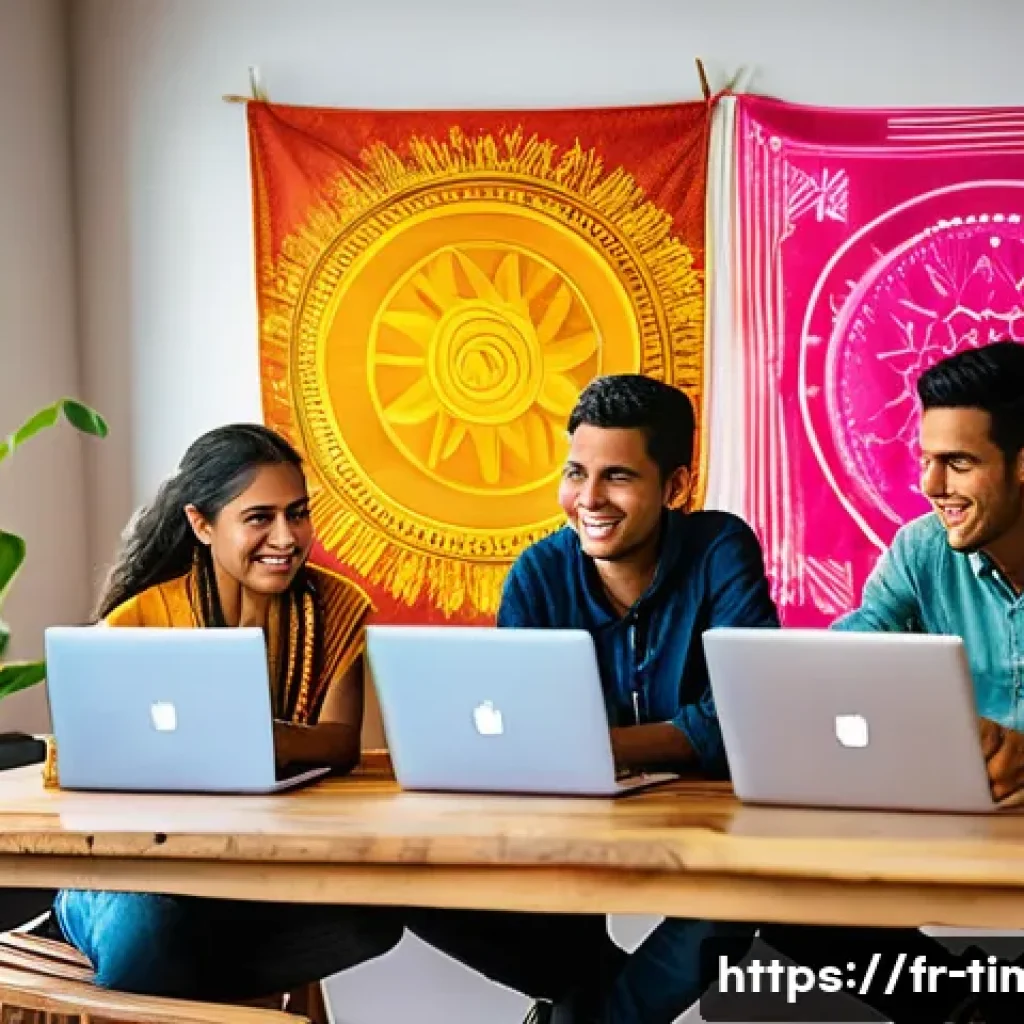 동티모르 스타트업 사례 - A vibrant scene depicting young Timorese entrepreneurs collaborating in a modern co-working space wi...