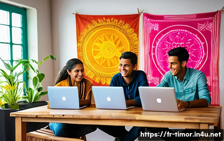 동티모르 스타트업 사례 - A vibrant scene depicting young Timorese entrepreneurs collaborating in a modern co-working space wi...