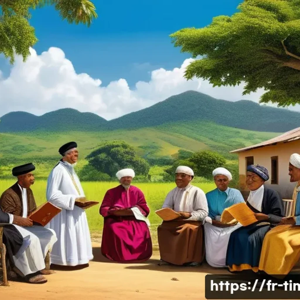 동티모르 독립 운동 - A vivid historical scene depicting early 20th-century East Timorese intellectuals and religious lead...