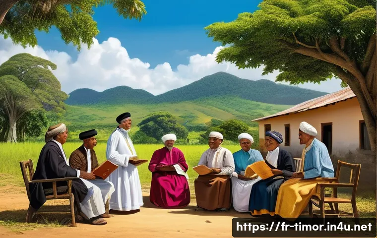 동티모르 독립 운동 - A vivid historical scene depicting early 20th-century East Timorese intellectuals and religious lead...