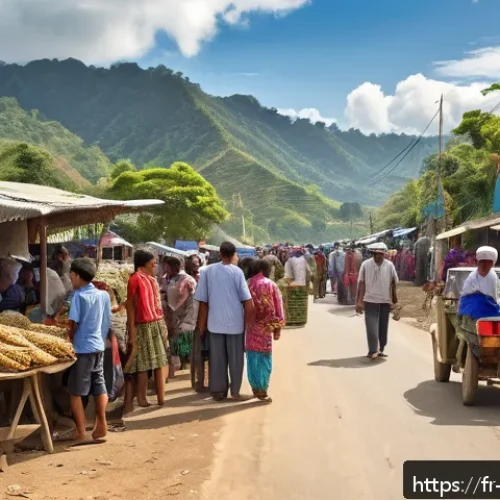 동티모르와 인도네시아 관계 - A detailed and realistic scene depicting a bustling border checkpoint between East Timor and Indones...