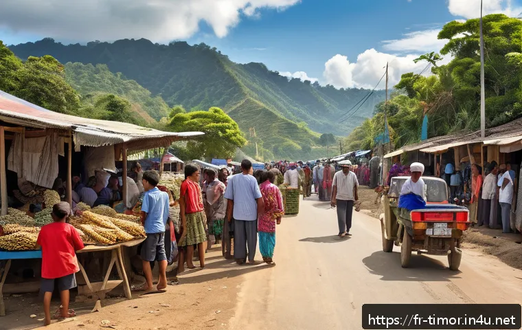 동티모르와 인도네시아 관계 - A detailed and realistic scene depicting a bustling border checkpoint between East Timor and Indones...