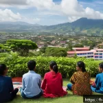 동티모르 유학 정보 - A vibrant university campus scene in Dili, East Timor, showing diverse international students attend...