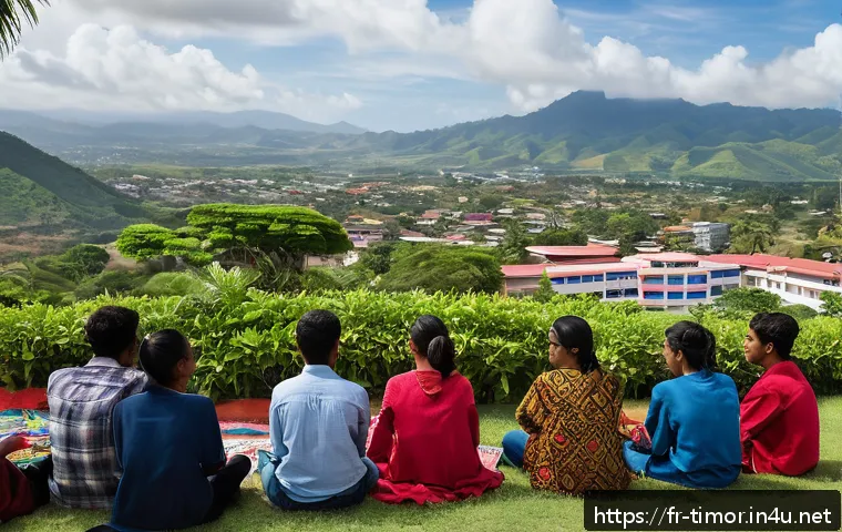 동티모르 유학 정보 - A vibrant university campus scene in Dili, East Timor, showing diverse international students attend...