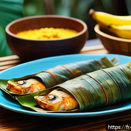 동티모르 요리법 - A vibrant traditional Timorese feast setting featuring Ikan Pepes: freshly grilled fish wrapped in b...
