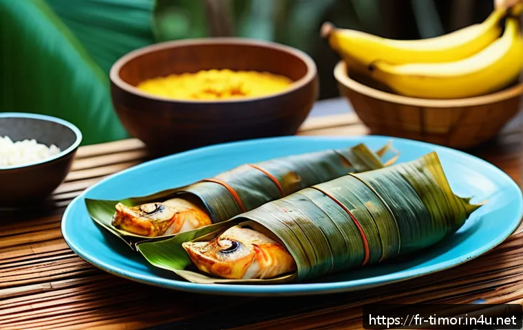 동티모르 요리법 - A vibrant traditional Timorese feast setting featuring Ikan Pepes: freshly grilled fish wrapped in b...