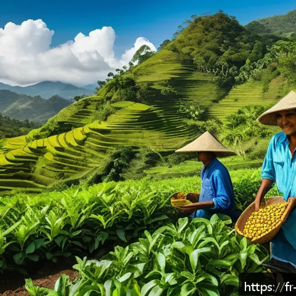 동티모르 경제 현황 - A vibrant Timorese rural farming scene showing local farmers wearing traditional clothing and protec...
