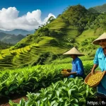 동티모르 경제 현황 - A vibrant Timorese rural farming scene showing local farmers wearing traditional clothing and protec...