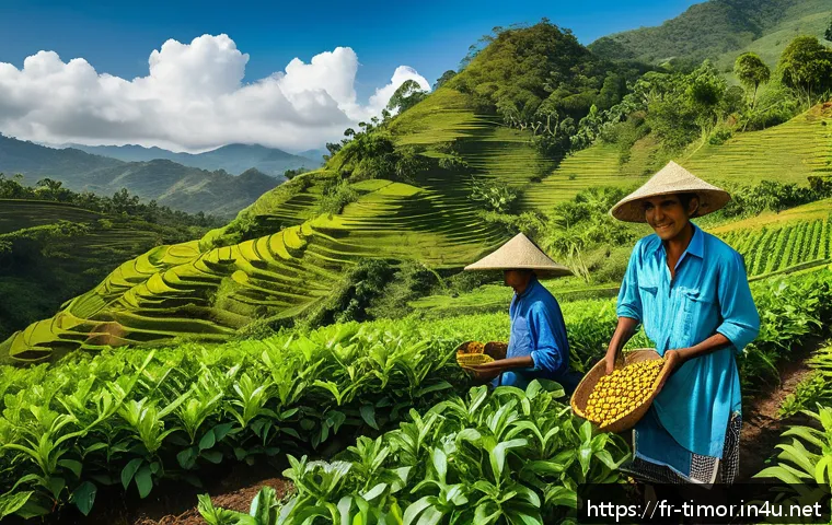 동티모르 경제 현황 - A vibrant Timorese rural farming scene showing local farmers wearing traditional clothing and protec...