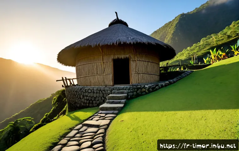 동티모르의 세계유산 - Photorealistic sunrise view of a traditional Timorese sacred house in a remote mountain village, ste...