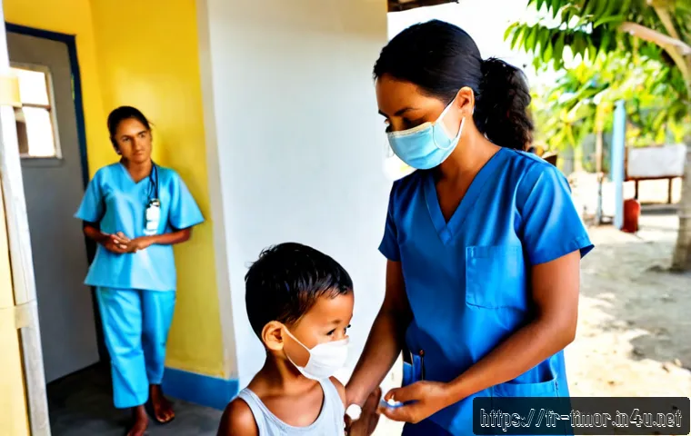동티모르 전염병 관리 - Photorealistic public health scene in Dili, Timor-Leste: a local nurse wearing a clean medical mask ...
