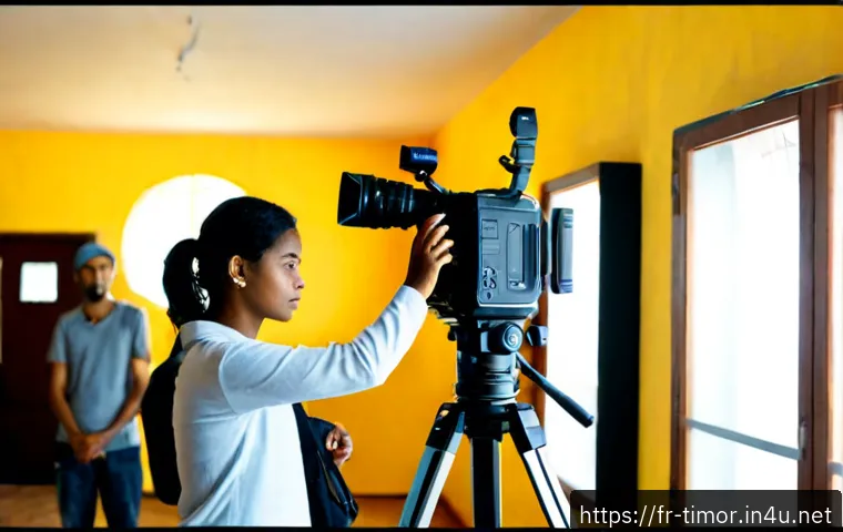 Home 17 동티모르 영화 산업 - Photorealistic documentary-style scene inside a modest independent film studio in Dili, Timor-Leste,...